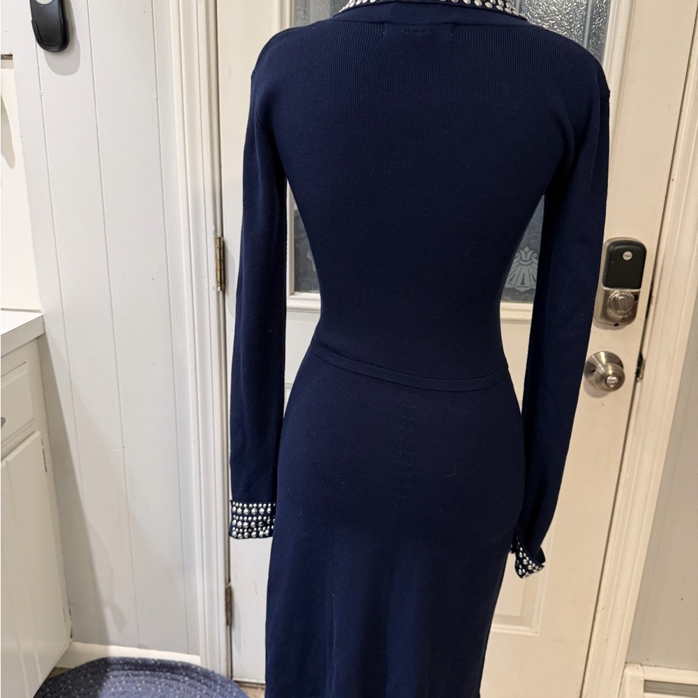 Planet Gold Elegant Navy Dress with Pearl Accents - Picture 4 of 5